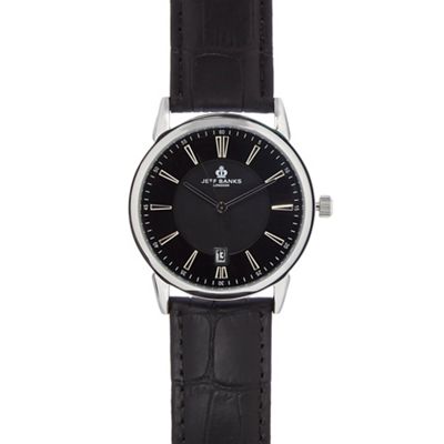 Men's black leather analogue watch